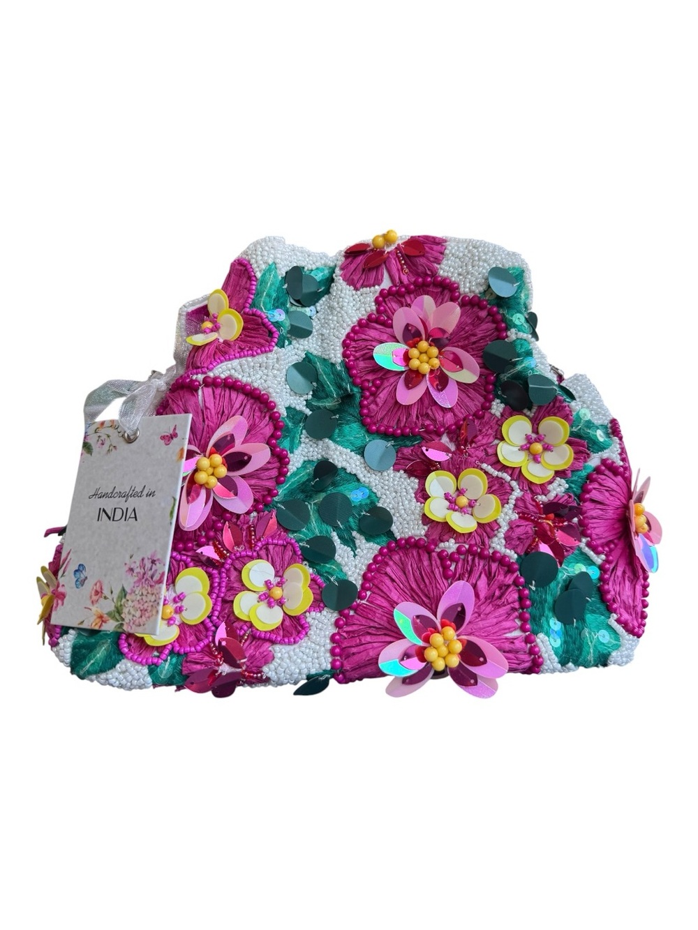 Handcrafted in India 3D Pink Green Flower Raffia Beaded Pouch Shoulder Bag NWT